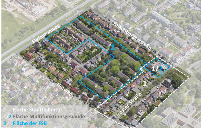 Ein Luftbild des Mooswaldes, auf dem die Planungsaufgabe durch blaue und weiße Markierungen abgegrenzt ist.